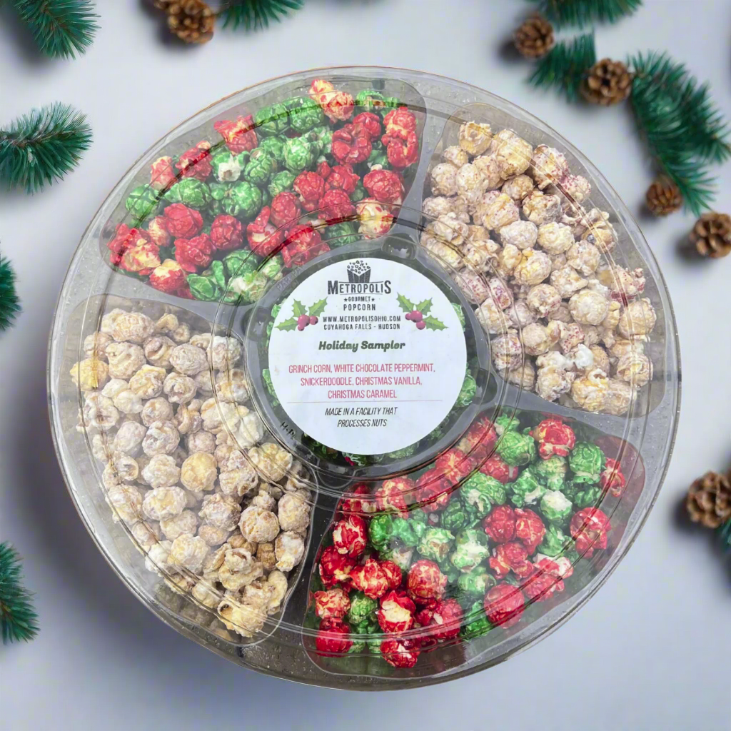 winter popcorn sampler, one gallon, five flavors, caramel, vanilla, snickerdoodle, white chocolate peppermint, grinch corn
